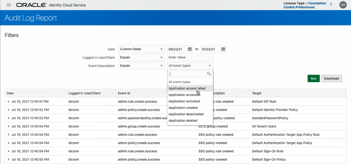 Screenshot of Audit log report