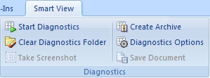 Figure shows the Diagnostics group of commands available in the Smart View ribbon. The commands available by default are Start Diagnostics, Clear Diagnostics Folder, Create Archive, and Diagnostics Options. The Take Screenshot command is disabled until diagnostics are started.