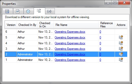 Version tab of Properties dialog, showing five prior versions and the current version. A button is available for each prior version for users to click on to revert the current version to the selected prior version.