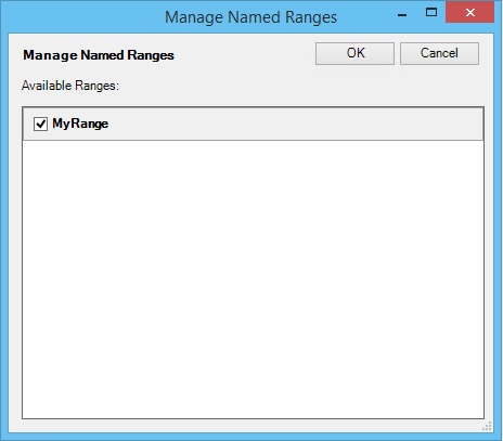The Manage Named Ranges dialog box showing one range available and selected.