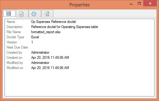 Properties tab in the Properties dialog box for a selected reference doclet.