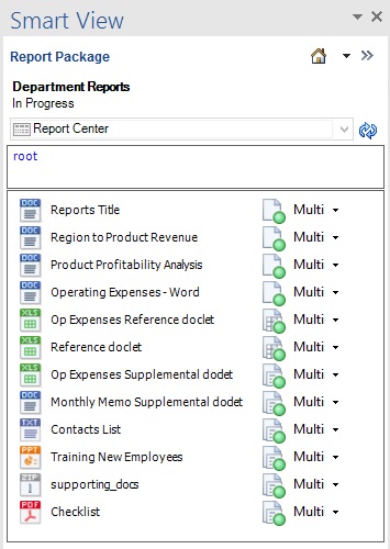 An example report package containing a mix of doclets, Excel-based reference doclets, Office-based supplemental doclets, and supplemental doclets of file type TXT, ZIP, and PDF