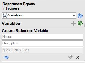 The Report Package panel, where an area called Create Reference Variable is now displayed with Name, Description, and value fields. The value field reflects the value of the data cell that was selected when the Create Reference Variable command was invoked.