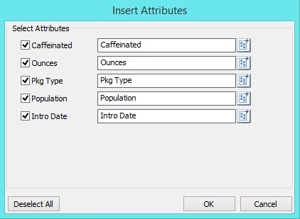 Insert Attributes dialog listing all attribute dimensions, a check box next to each attribute dimension name, and a Member Selection button where you can select individual attribute members to add as page dimension on the sheet.