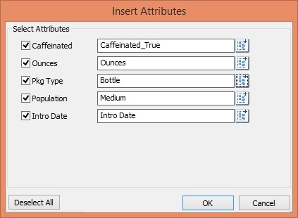 Insert Attributes dialog listing all attribute dimensions, a check box next to each attribute dimension name, and a Member Selection button where you can select individual attribute members to add as page dimension on the sheet. This dialog shows three attribute members selected along with two attribute dimensions.