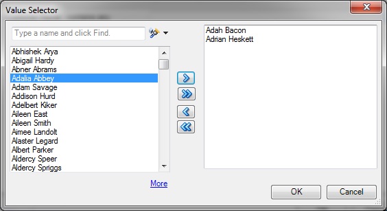 Value Selector showing the More button for working with large amounts of data.