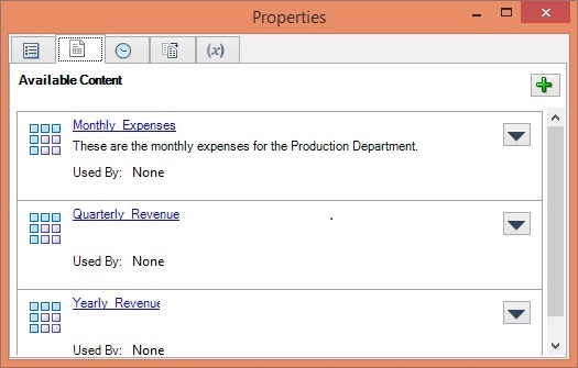 Properties dialog listing available content; Monthly_Expenses now displays a description.
