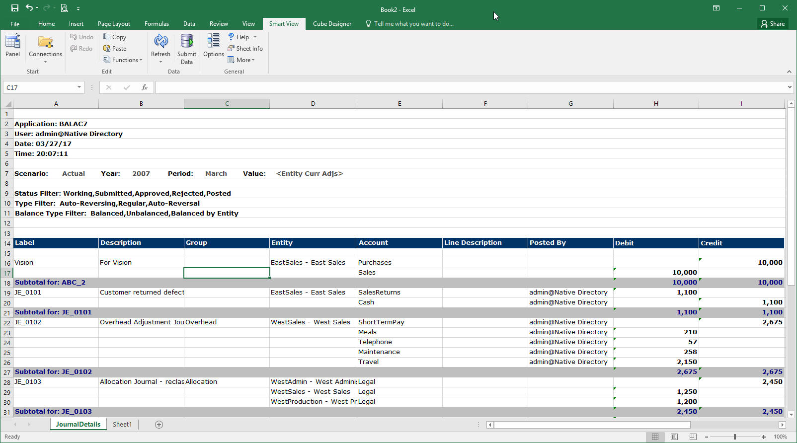 An image of a journal report in Excel.
