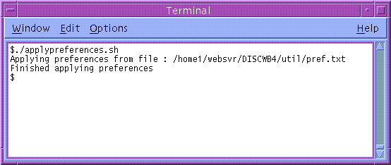 Illustration shows window containing the applypreferences.sh command
