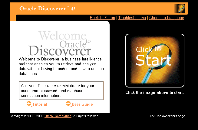 Illustration shows the Discoverer Plus Welcome screen