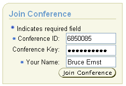 Join Conference bin, pre-login. Includes Conference ID, Conference Key, and Your Name text fields, Join Conference button.