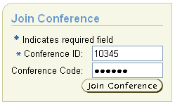 Join Conference bin, post login. Includes Conference ID and Conference Code text fields, Join Conference button.
