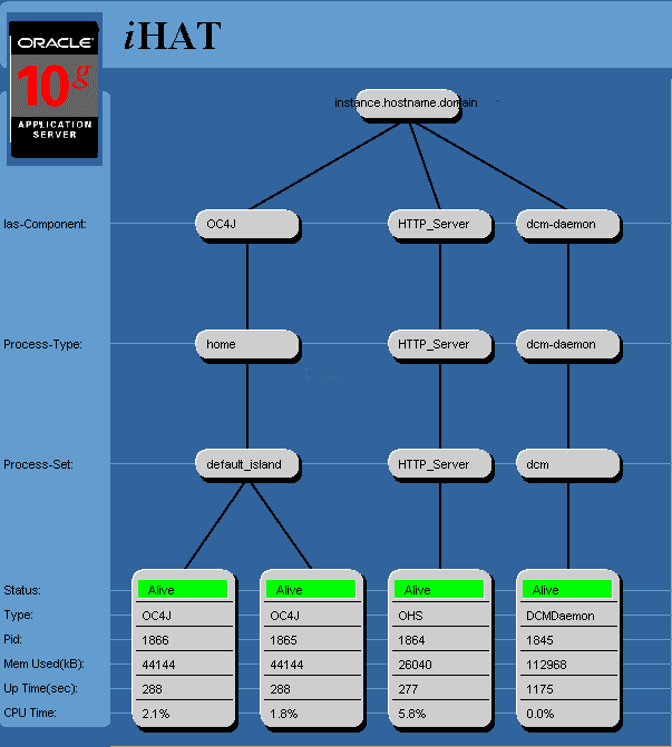 iHAT displays application server processes managed by OPMN servers