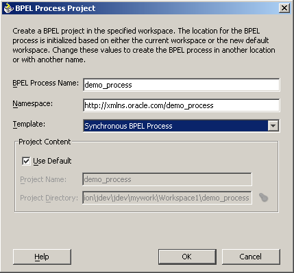 BPEL Process Project window