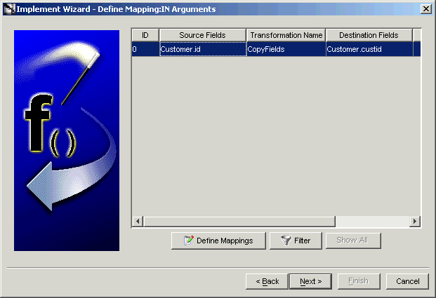 Implement Wizard - Define Mapping IN Arguments dialog box