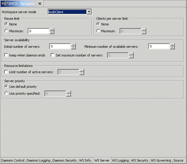 The daemon workspace WS Server tab.