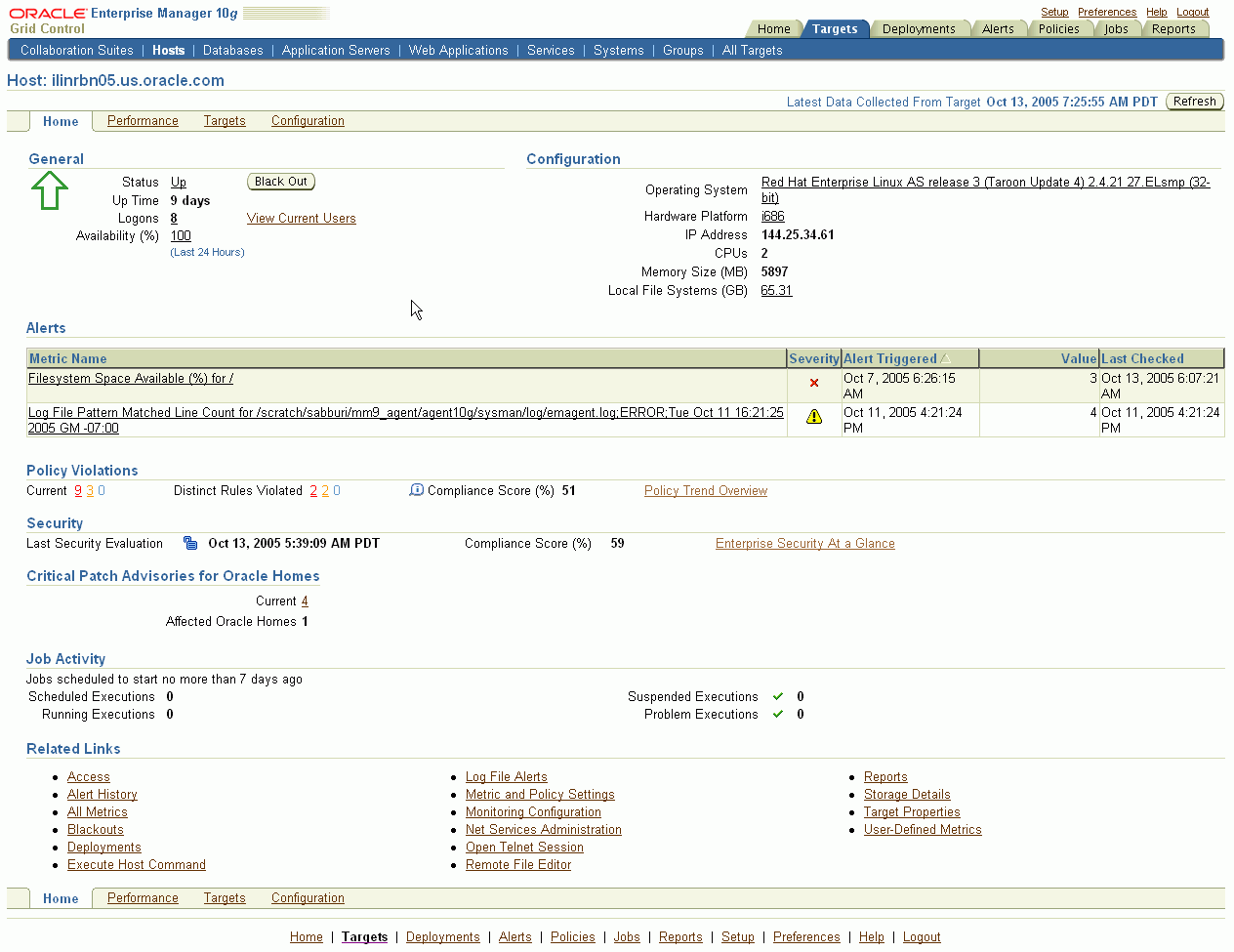 This figure shows a screenshot of the Enterprise Manager Host Home page