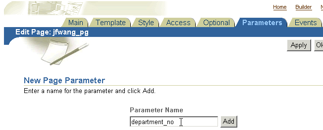 Shows Parameter Name field on Parameters tab