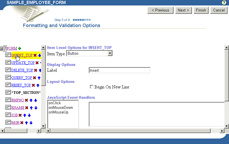 Shows button formatting and validation options