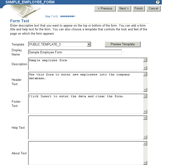 Shows entering descriptive text for a form