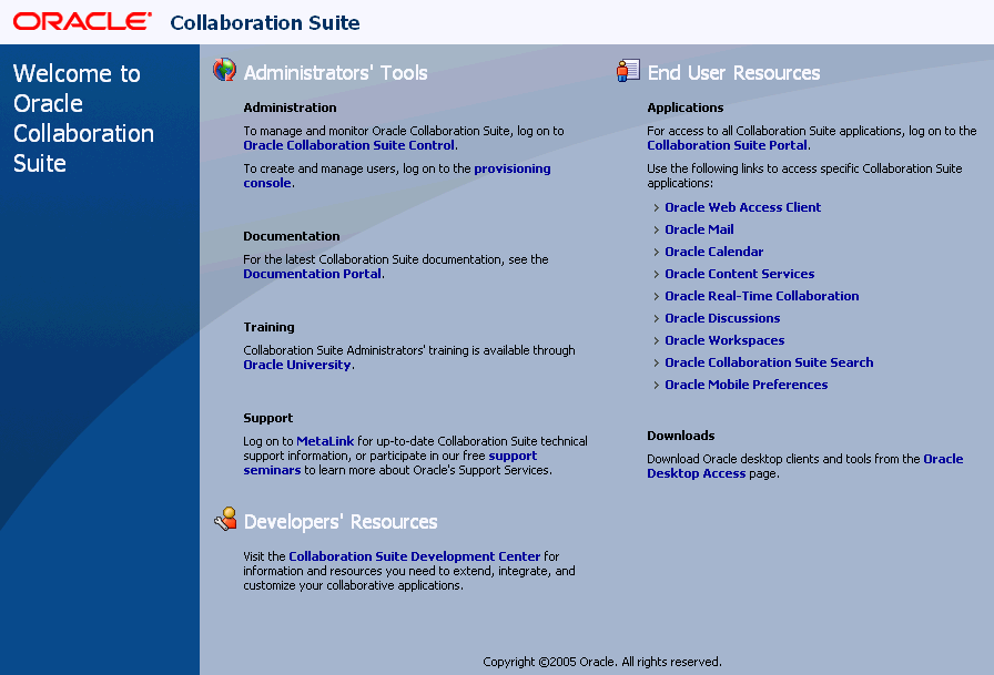 Oracle Collaboration Suite Welcome page