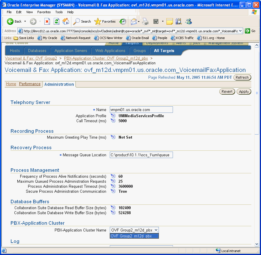 Screenshot of Voicemail Fax Application Administration page