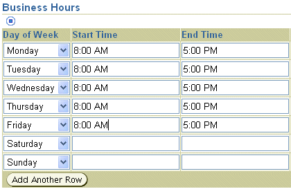 Screenshot of the Business Hours table