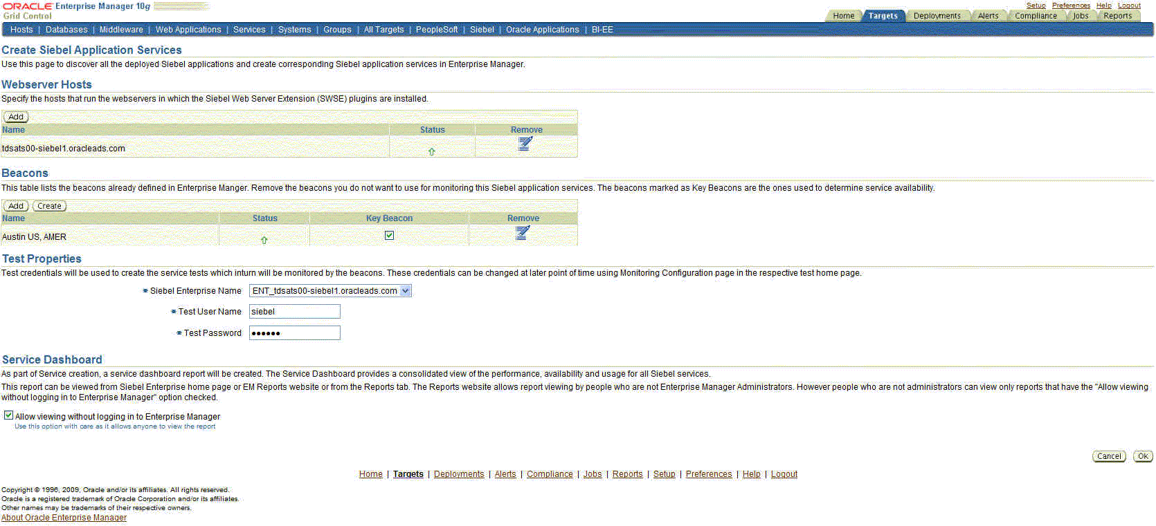 Shows sample data for Create Siebel Application Services page.