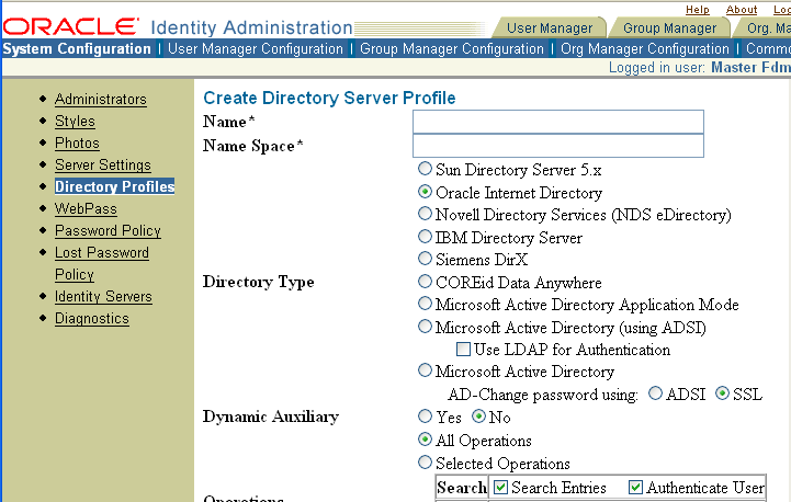 Image of Create Directory Server Profile page.