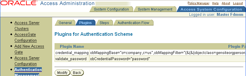Image of the plug-ins for an Authentication Scheme page