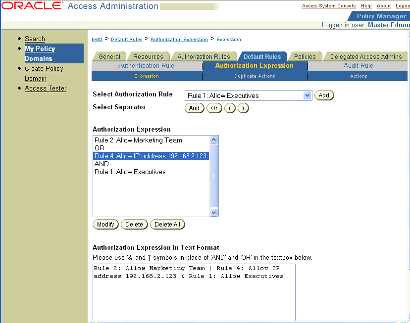 Expression in the Authorization Expression page