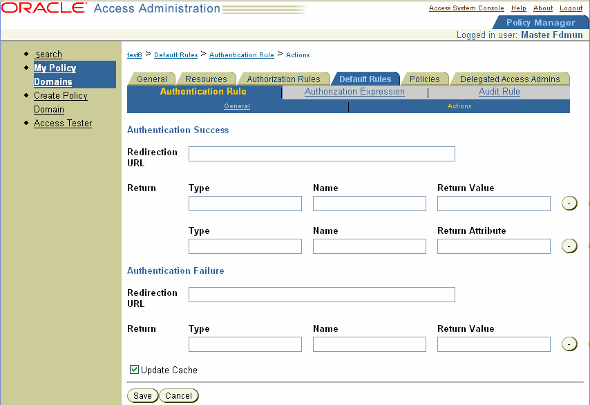 The Actions page for the authentication rule