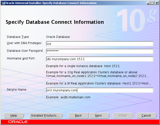 Specify Database Connect Information screen