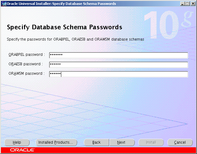Specify Database Schema Passwords screen