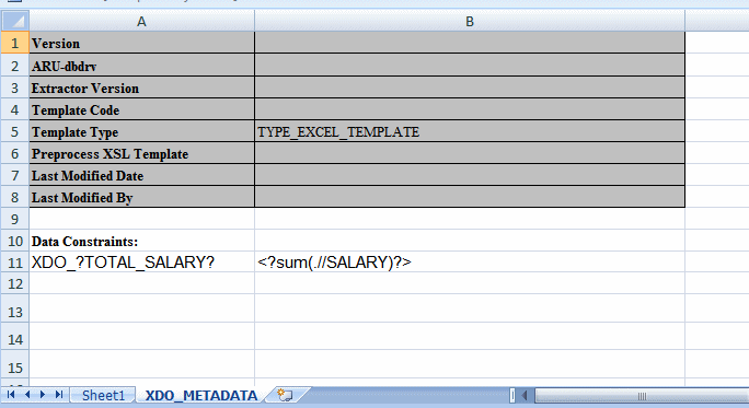 A completed XDO_METADATA sheet