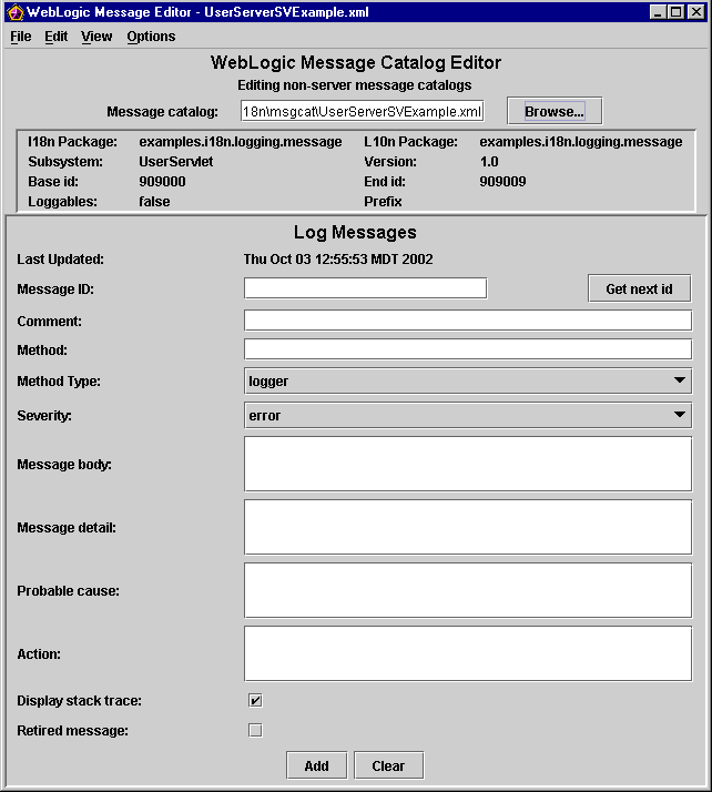 WebLogic Message Editor for Log Messages