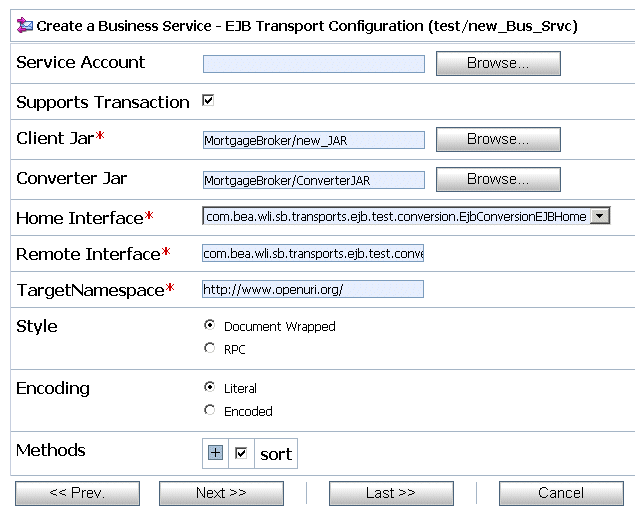 Create a Business Service— EJB Transport Configuration after Selecting the Home Interface