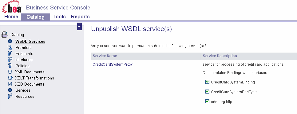 Business Service Console Page Displaying Options to Delete Bindings and Settings Related to an AquaLogic Service Bus Proxy Service