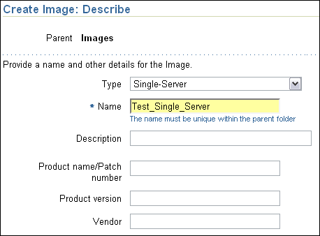 This figure displays the Create Image: Describe page.