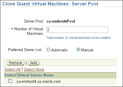 Clone Guest Virtual Machines: Server Pool page