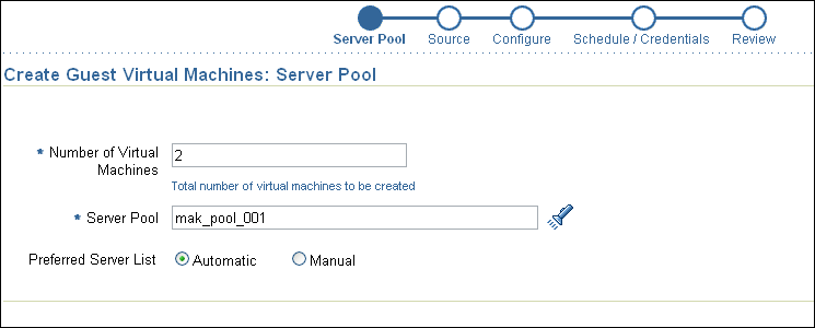 Create Guest Virtual Machines:Server Pool Page