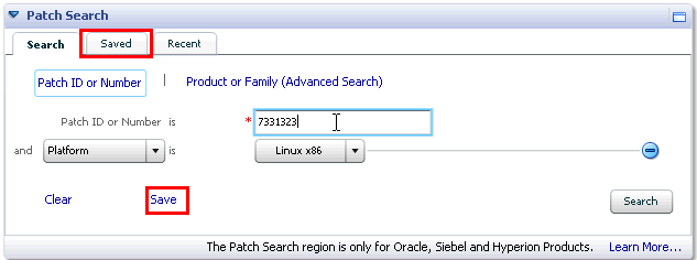 Graphic displays the patch save search dialog.