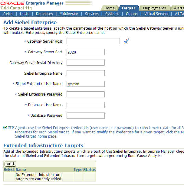 Sample data is shown in Add Siebel Enterprise page.
