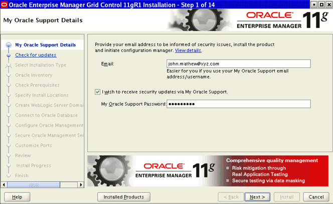 Specifying My Oracle Support Details