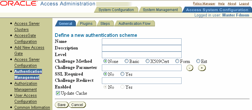 New authentication scheme page on the General tab page.