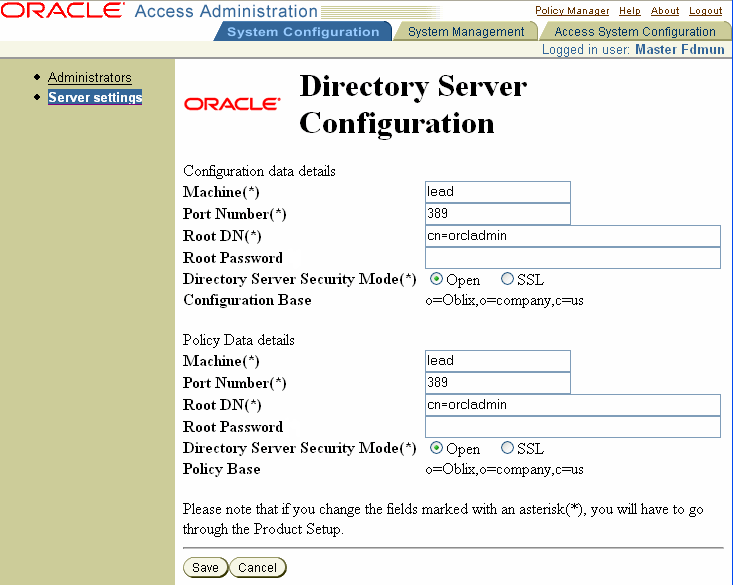 Image of directory server configuration page