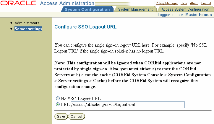 Image of configure SSO logout URL page