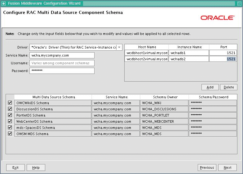 Configure RAC Multi Data Source Component Schema screen