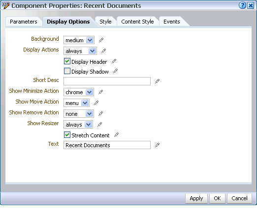 Portion of a Properties panel in Oracle Composer