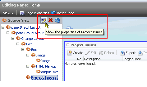 Properties icon on the Source view header